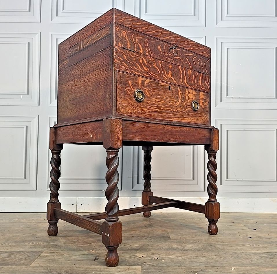 Antique Oak Cutlery Canteen Cabinet Table Barley Twist Wooden Storage Box Trunk