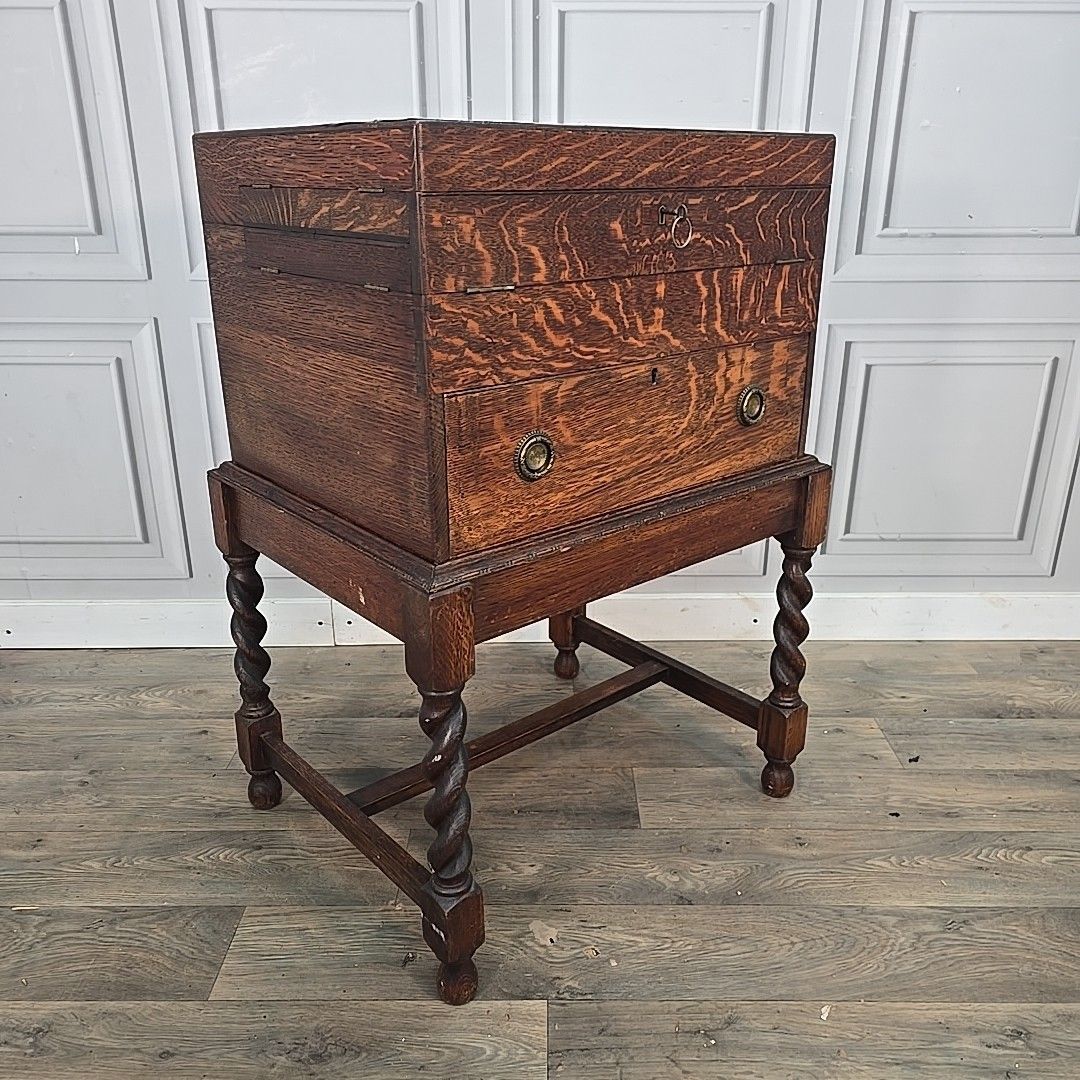 Antique Oak Cutlery Canteen Cabinet Table Barley Twist Wooden Storage Box Trunk photo furniture