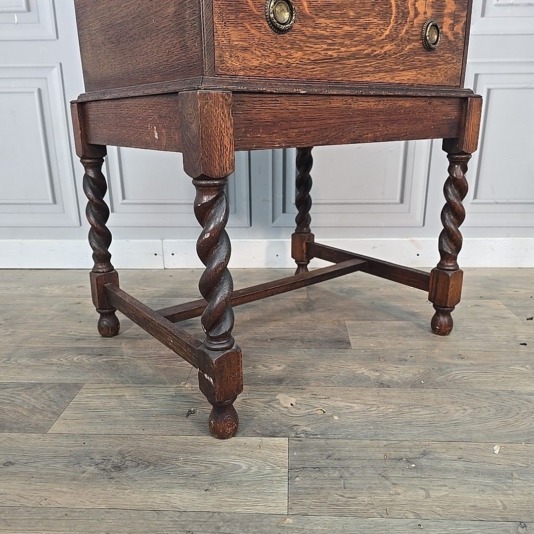 Antique Oak Cutlery Canteen Cabinet Table Barley Twist Wooden Storage Box Trunk photo for sale