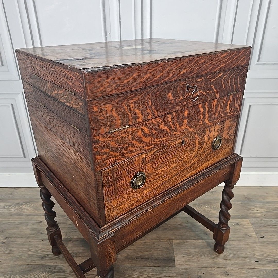 Antique Oak Cutlery Canteen Cabinet Table Barley Twist Wooden Storage Box Trunk photo Furniture