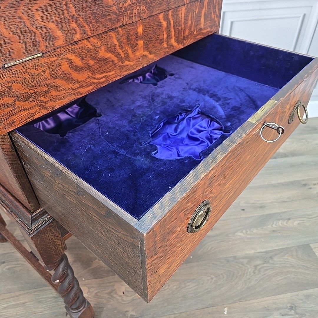 photo furniture Antique Oak Cutlery Canteen Cabinet Table Barley Twist Wooden Storage Box Trunk