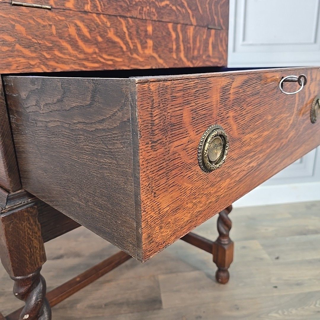 photo for sale Antique Oak Cutlery Canteen Cabinet Table Barley Twist Wooden Storage Box Trunk