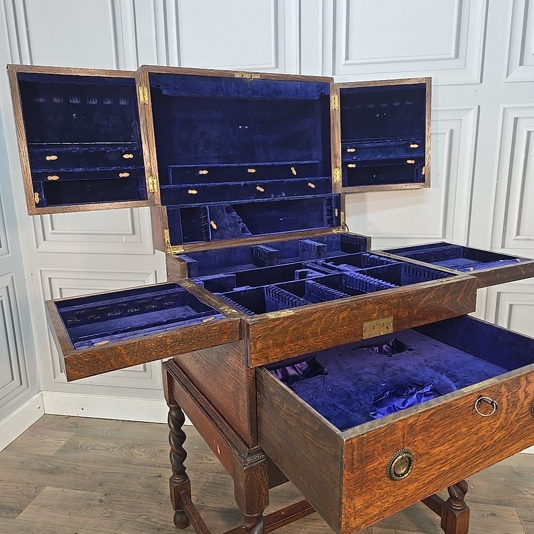 Furniture Antique Oak Cutlery Canteen Cabinet Table Barley Twist Wooden Storage Box Trunk photo