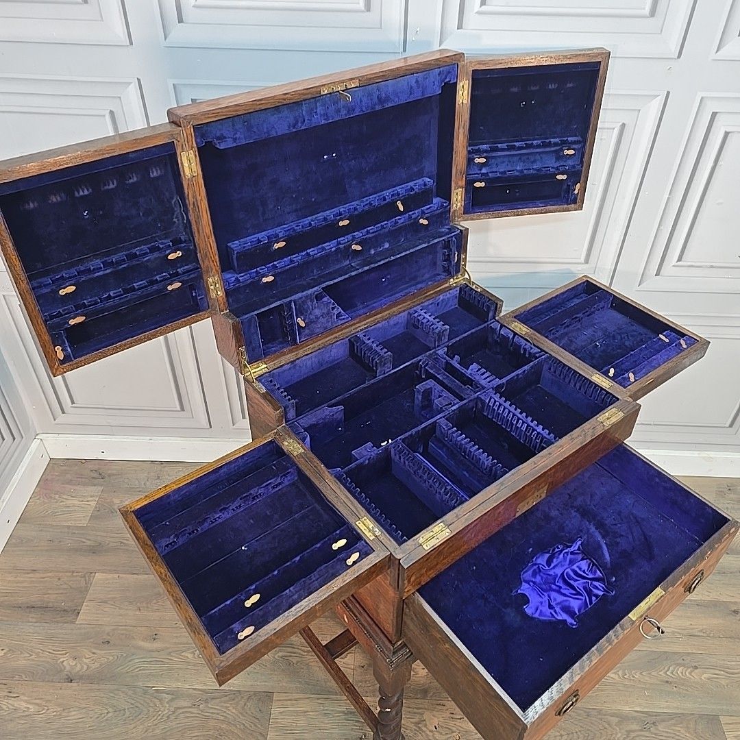 270.0 Antique Oak Cutlery Canteen Cabinet Table Barley Twist Wooden Storage Box Trunk photo
