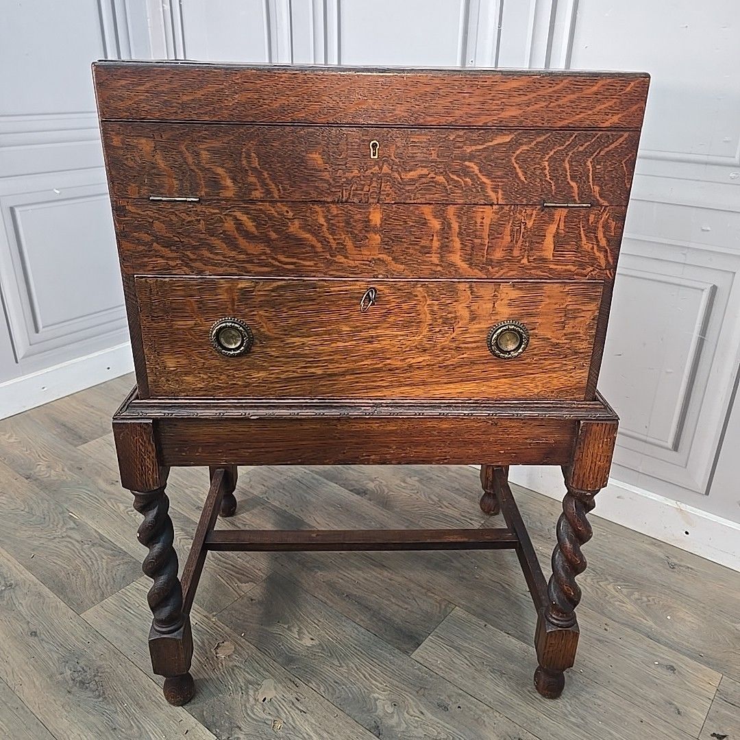 photo buy Antique Oak Cutlery Canteen Cabinet Table Barley Twist Wooden Storage Box Trunk