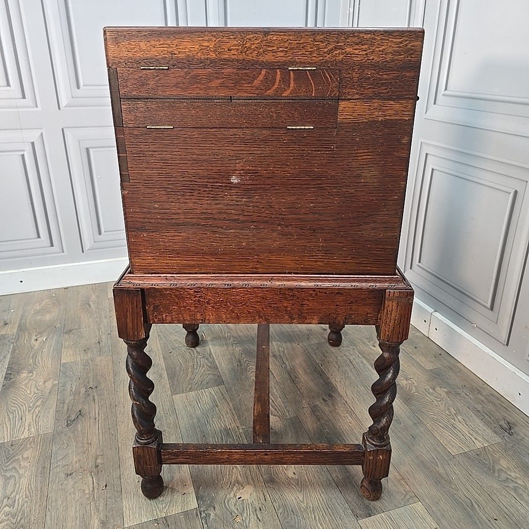 photo vintage Antique Oak Cutlery Canteen Cabinet Table Barley Twist Wooden Storage Box Trunk