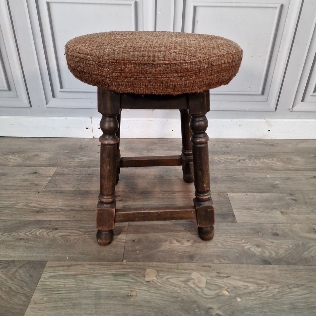 60.0 Vintage Wooden Pub Stool Upholstered Seat Bar Chair Turned Legs Retro Mancave photo