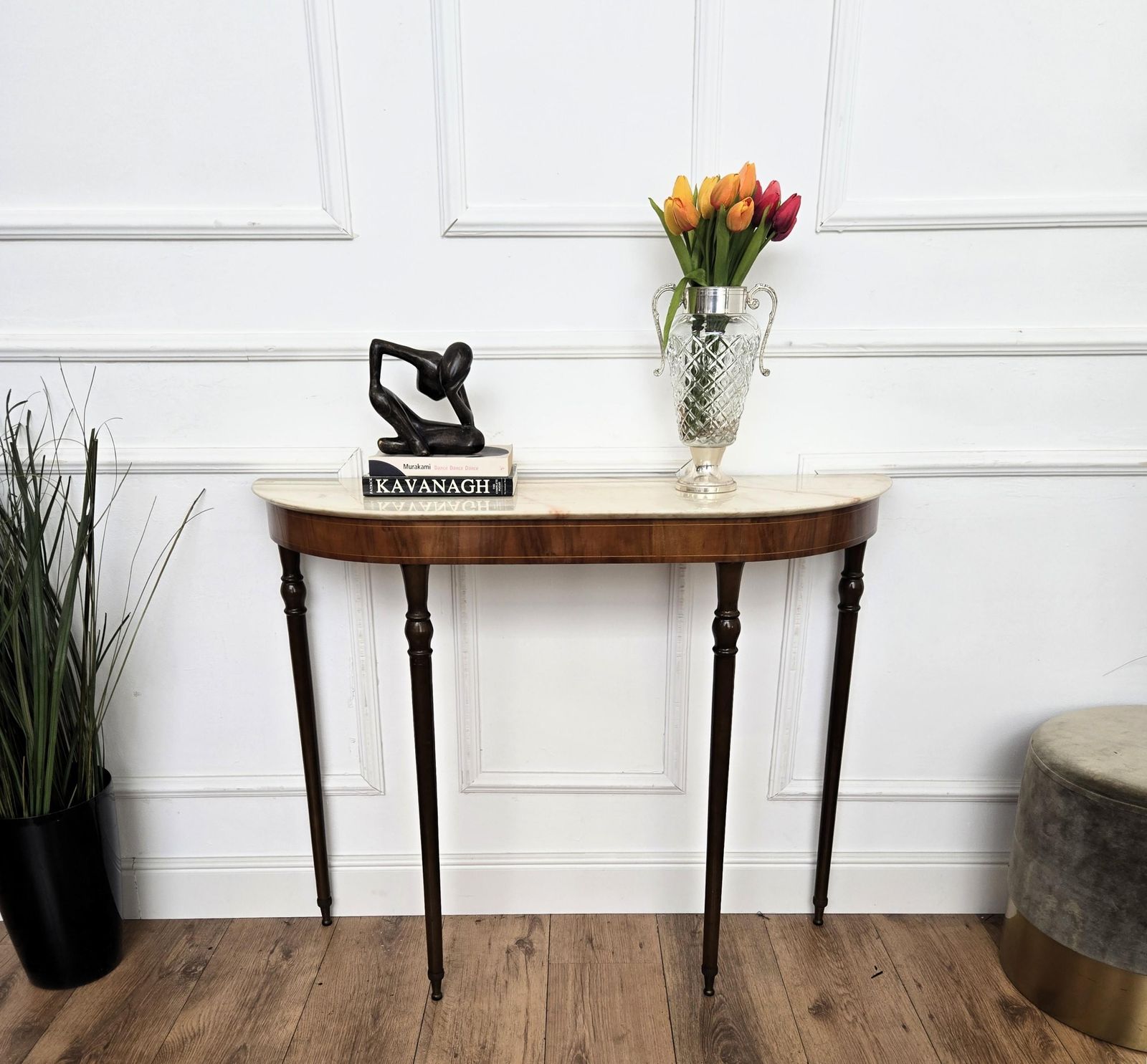 1950s Midcentury Italian Wood Brass Wall Console Table With Marble Top photo furniture