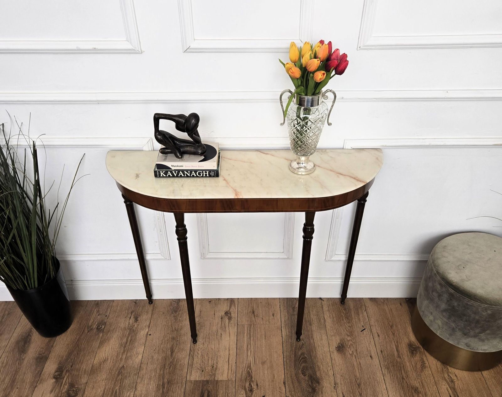 1950s Midcentury Italian Wood Brass Wall Console Table With Marble Top photo Furniture