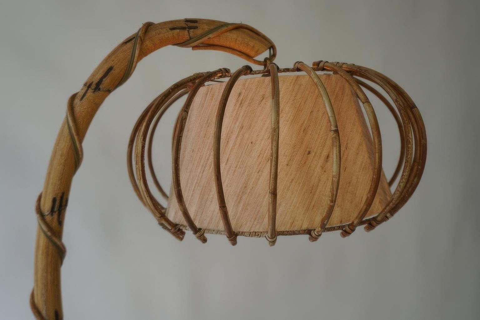 French Bamboo & Rattan Floor Lamp, Attributed To Louis Sognot, 1960s photo for sale