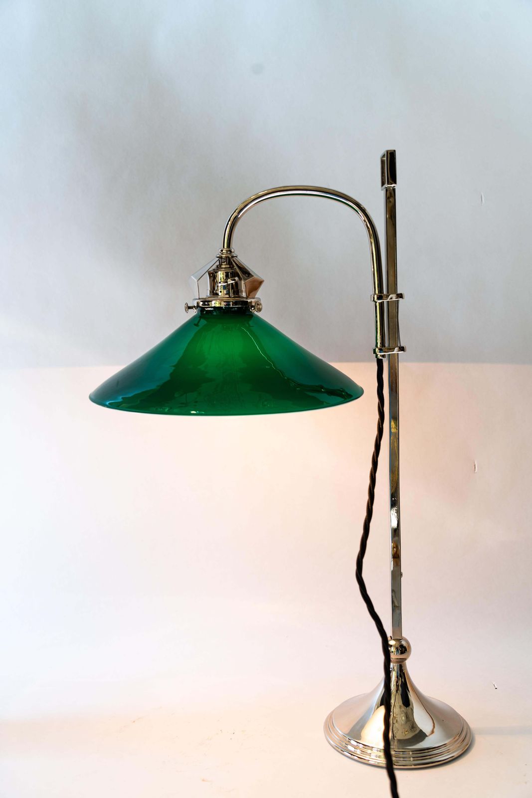 photo furniture Art Deco Nickel Plated Table Lamp With Original Green Opaline Glass Shade 1920s