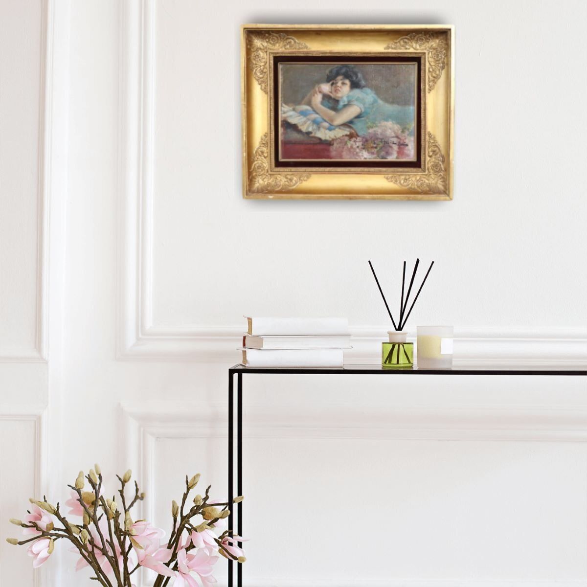 A. Villa, Girl Lying Down, Oil Painting On Board, Late 19th Century, Framed photo furniture