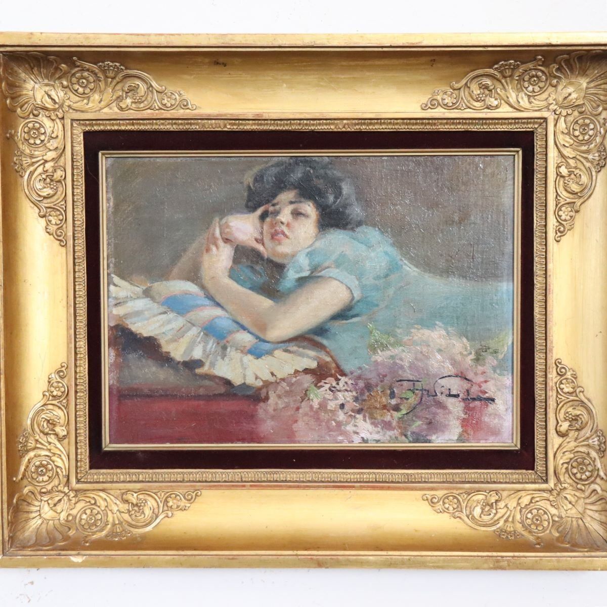 A. Villa, Girl Lying Down, Oil Painting On Board, Late 19th Century, Framed photo 1564.0