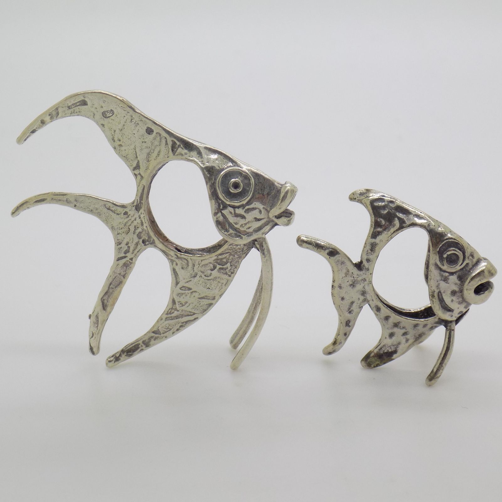 158.0 Vintage Italian Handmade Genuine Silver Two Tropical Fishes Miniatures Figurines, 1970s, Set Of 2 photo
