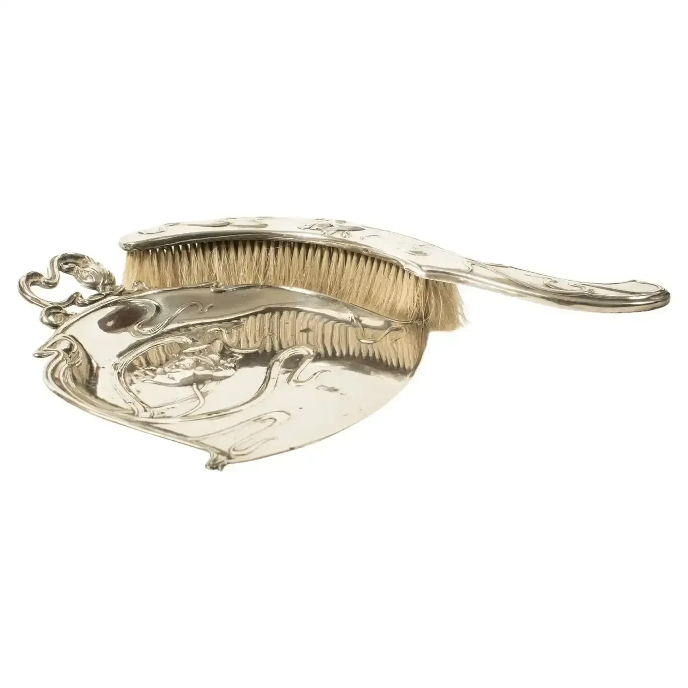 French Art Nouveau Silver Plated Crumb Brush And Pan Set By Victor Saglier