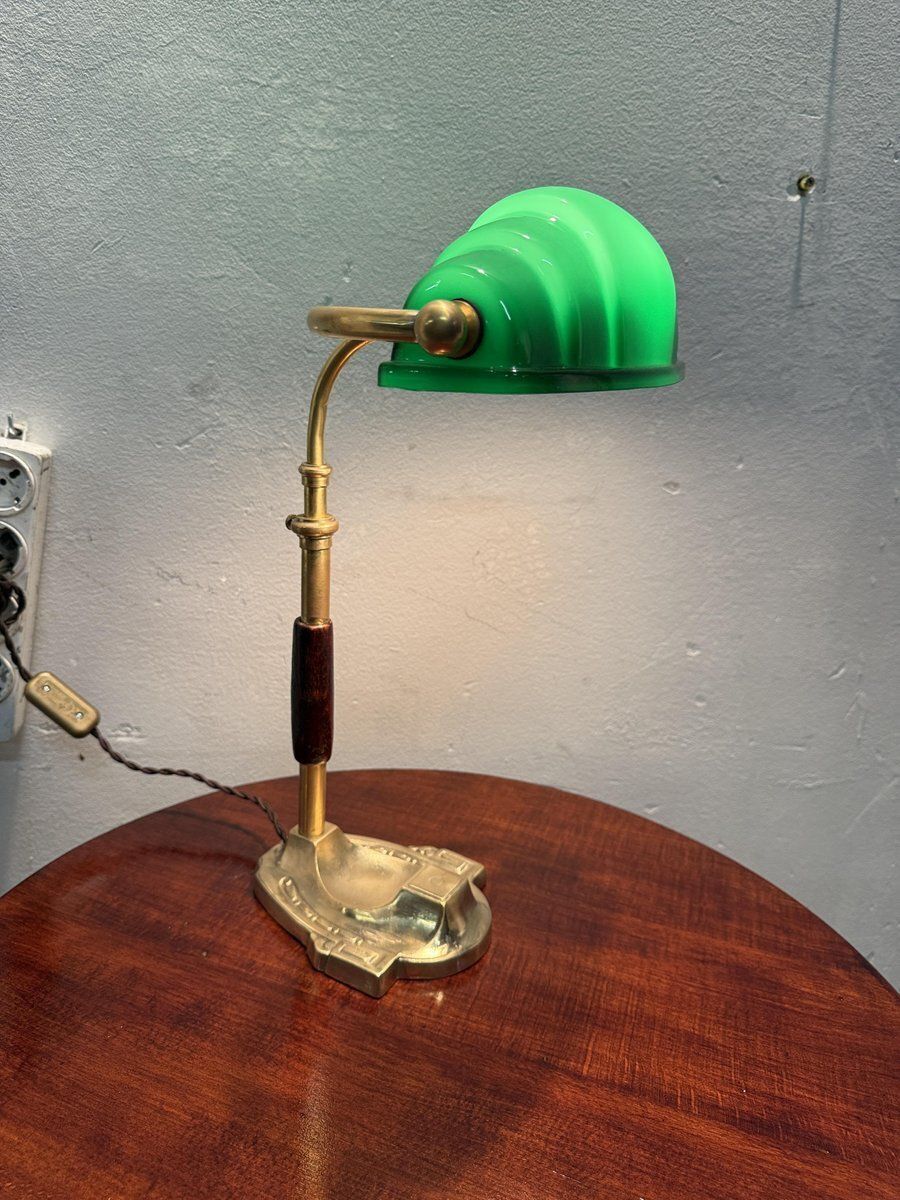 Churchill Ministerial Lamp In Brass And Green Opaline Glass, 1920s photo 632.0