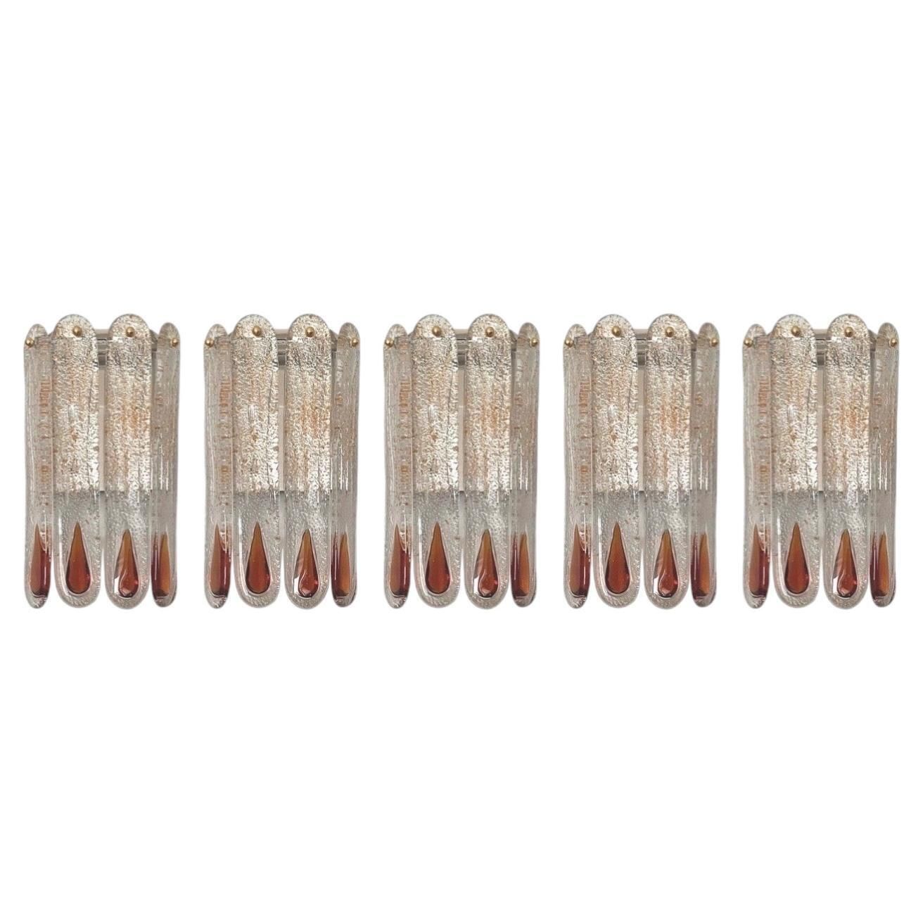 Italian Mid Century Set Of Five Amber Murano Wall Sconces By Mazzega, 1970s