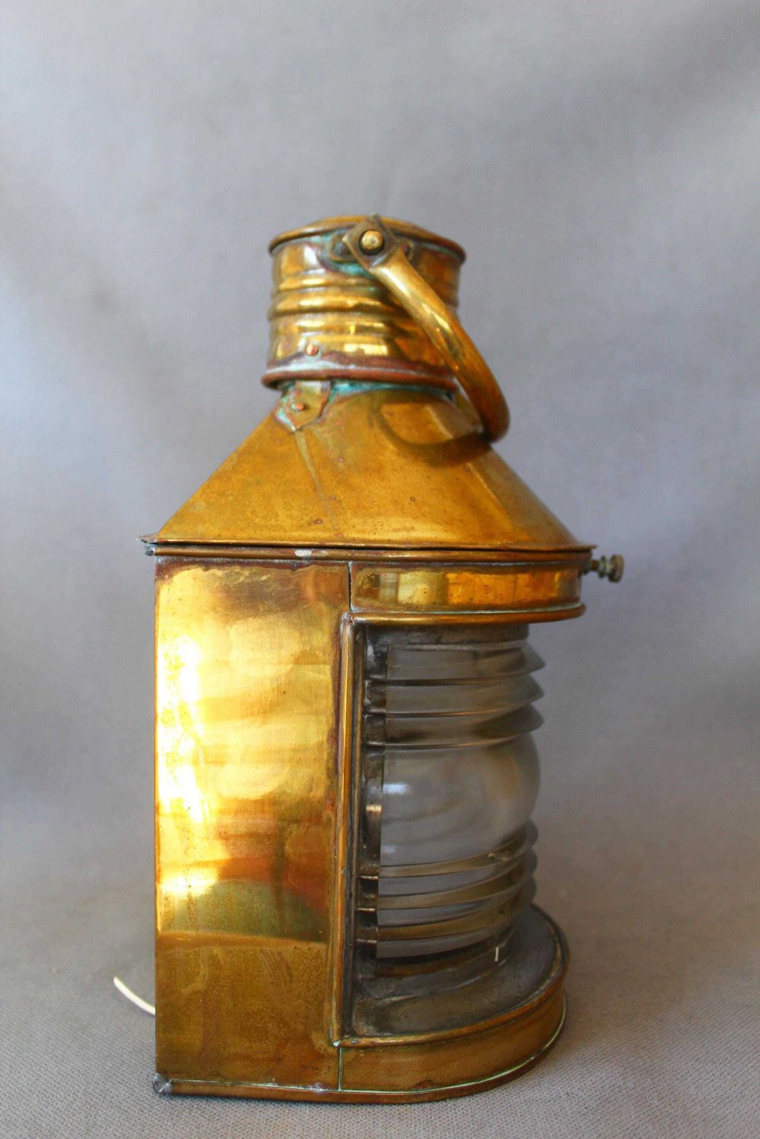 Large Antique Brass Marine Lamp With Glass Fresnel Lens, Was Converted To Electric But Needs Rewiring, Navigational Ship, Country Farmhouse photo for sale