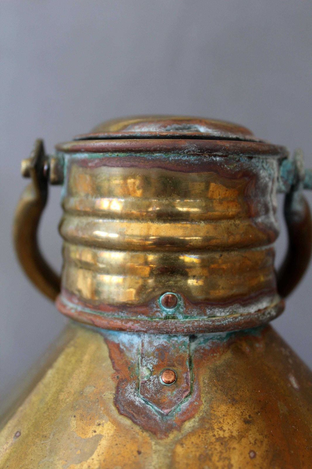 Large Antique Brass Marine Lamp With Glass Fresnel Lens, Was Converted To Electric But Needs Rewiring, Navigational Ship, Country Farmhouse photo vintage