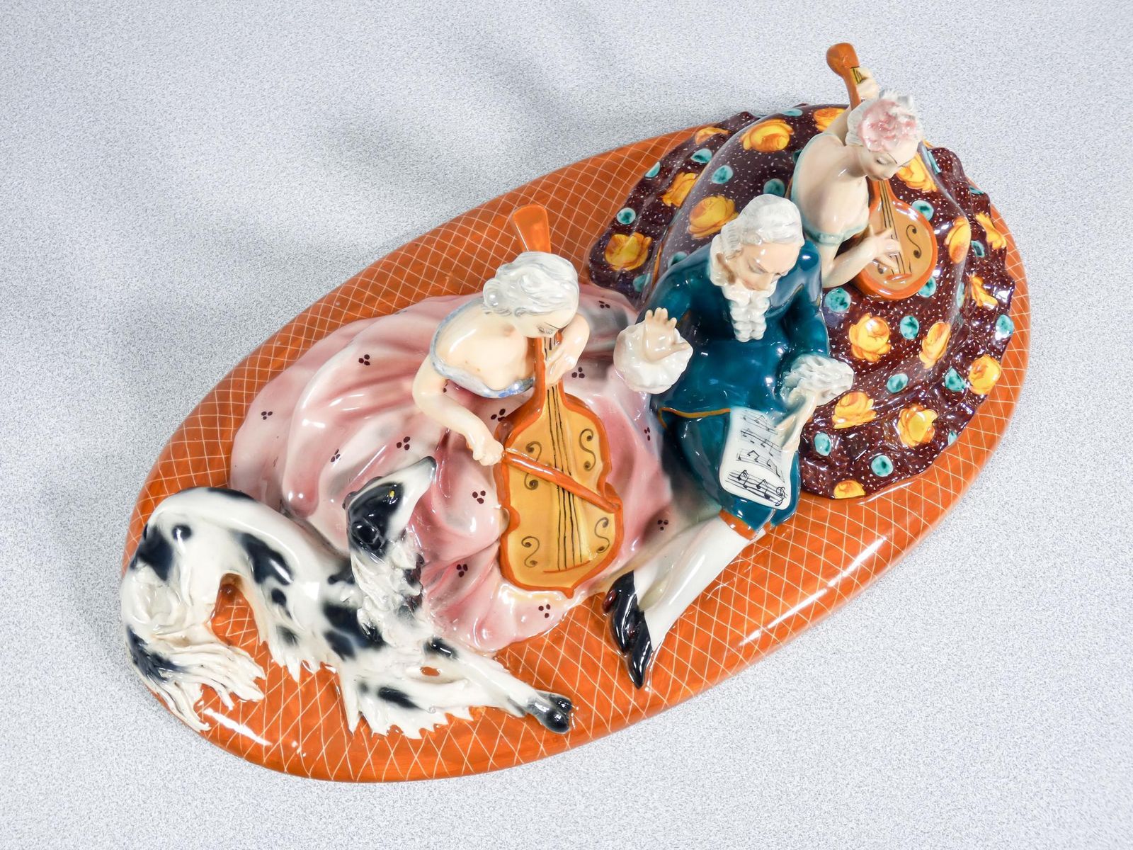 photo for sale Ceramic Sculpture "Concert With Musicians And Dog," Mica. Italy, 50s