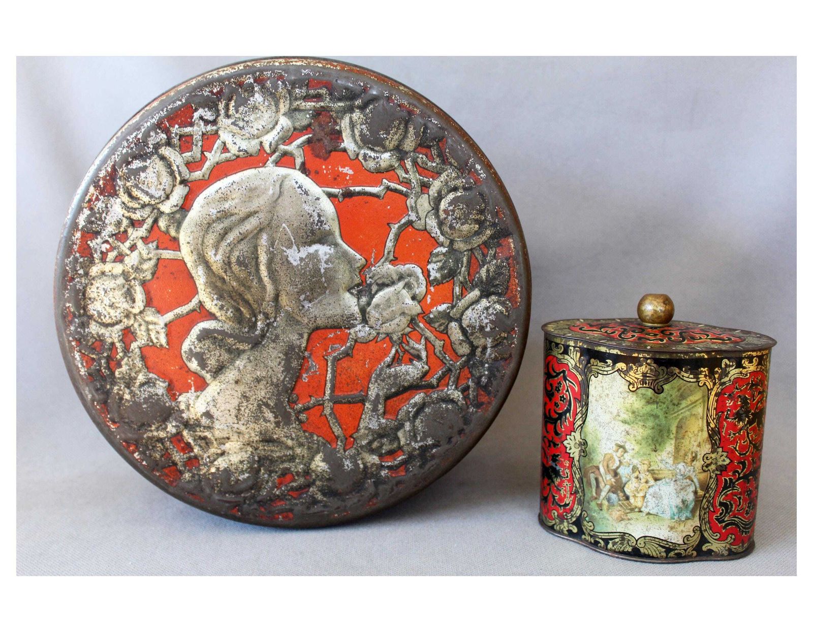 Two Collectable Tin Metal Boxes, One Very Large Round Art Nouveau Antique From Belgium, Vintage Western Germany, Red, Embossed