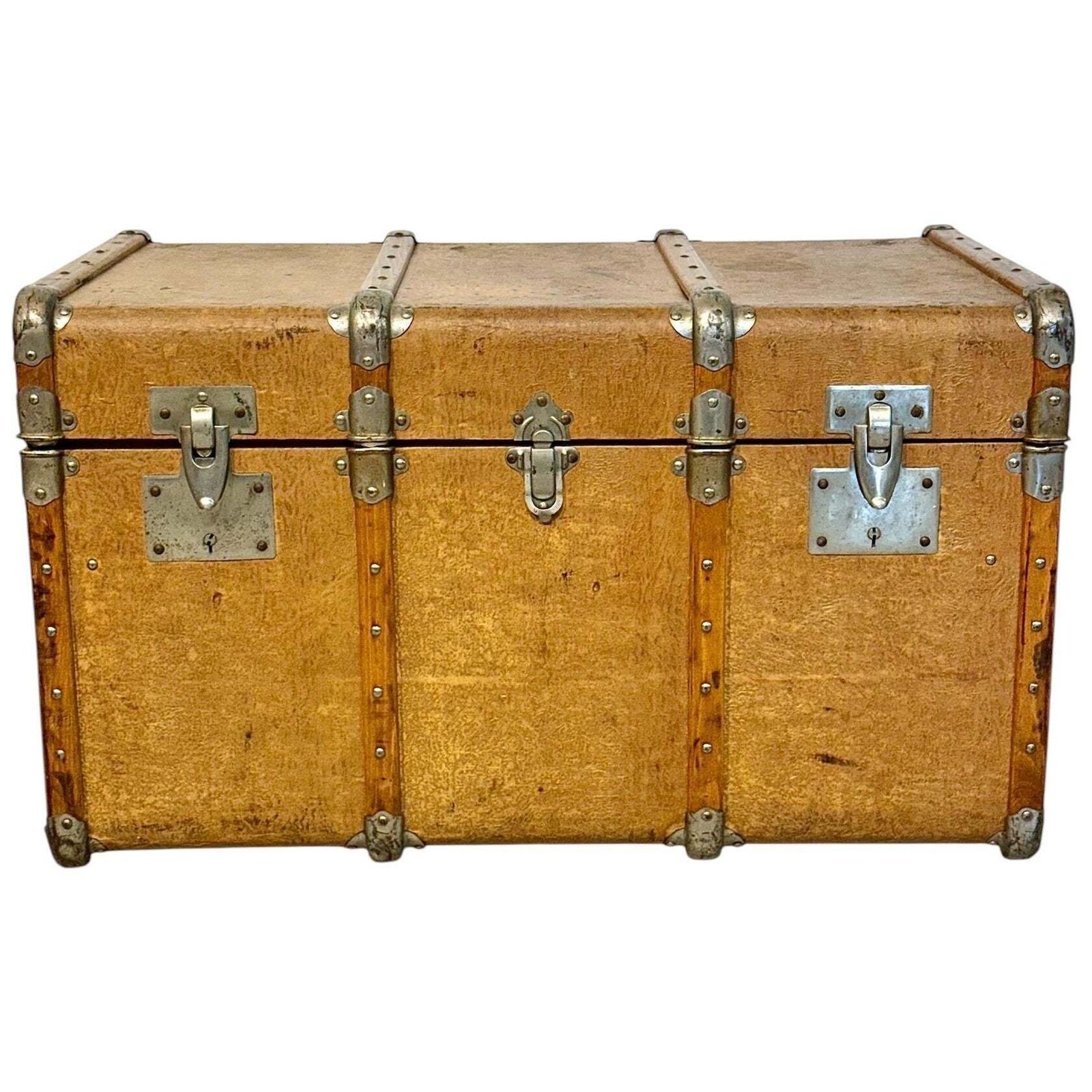 19th Century Wood And Leather Travel Trunk With Velvet Interior