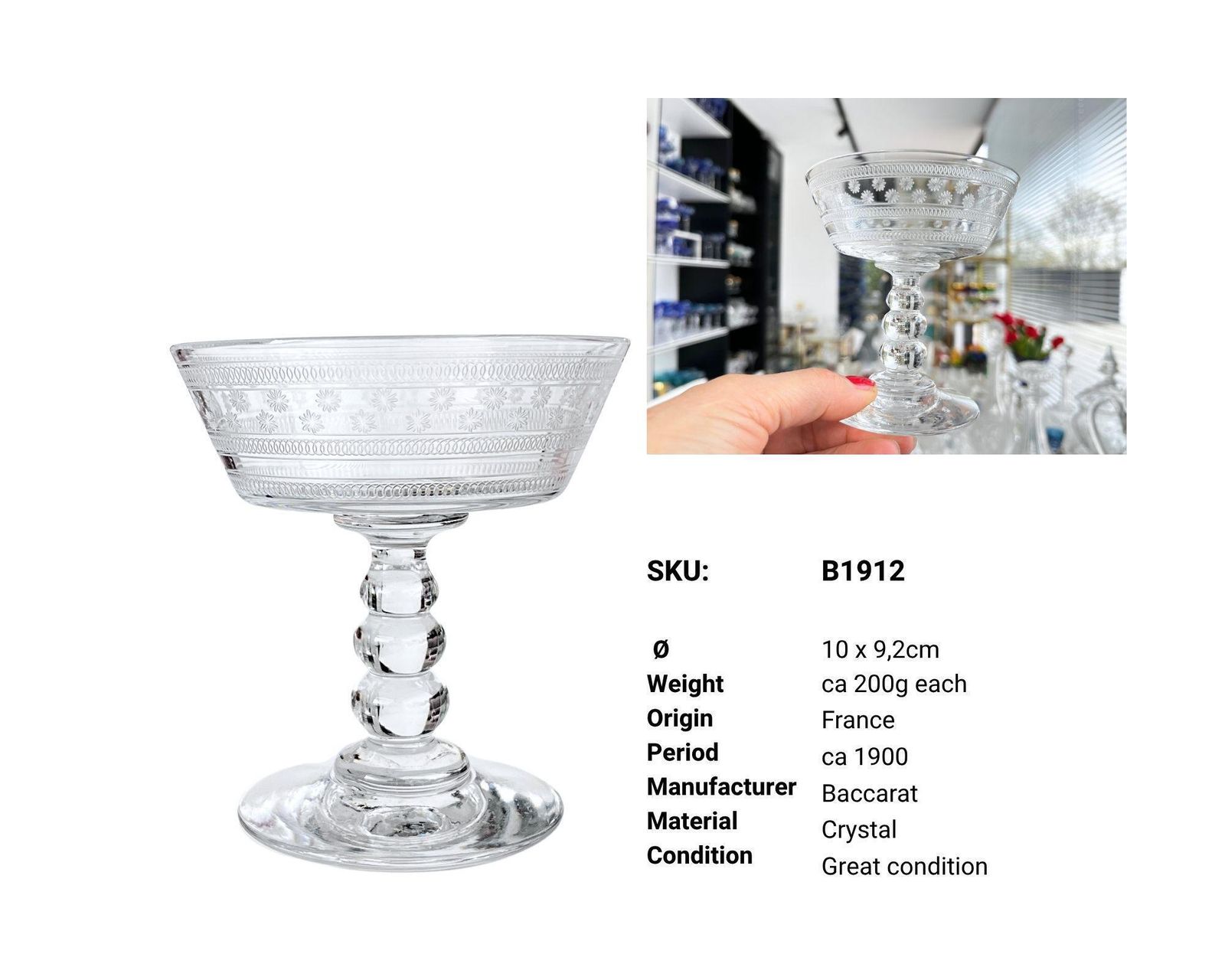 Baccarat Champagne Coupes | Hand Bowl Glass | 6pcs photo for sale
