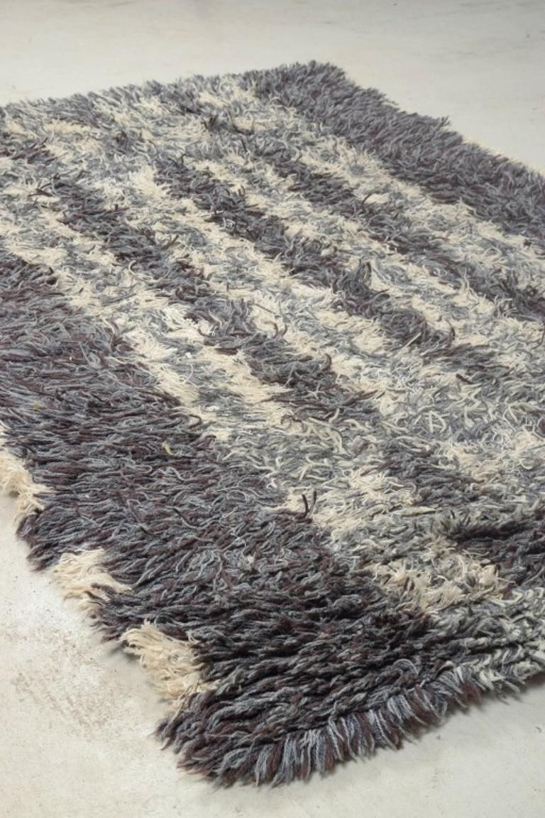 Scandinavian Designer. Rya Carpet, Geometric Pattern In Shades Of Grey And Cream photo Textiles