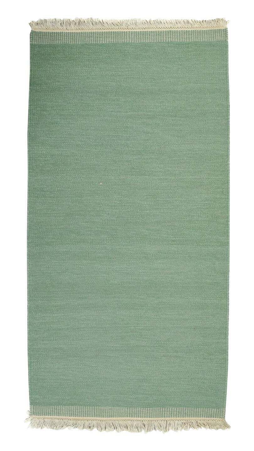 Swedish Textile Designer. Handwoven Rölakan Rug In Muted Green Tone.