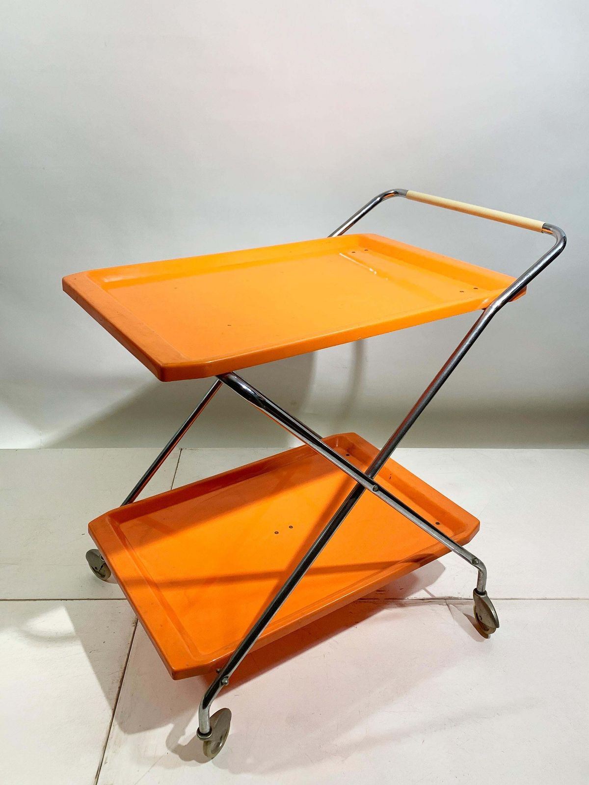 Space Age Italian Folding Bar Cart In Vibrant Orange And Chrome, 1970s photo furniture