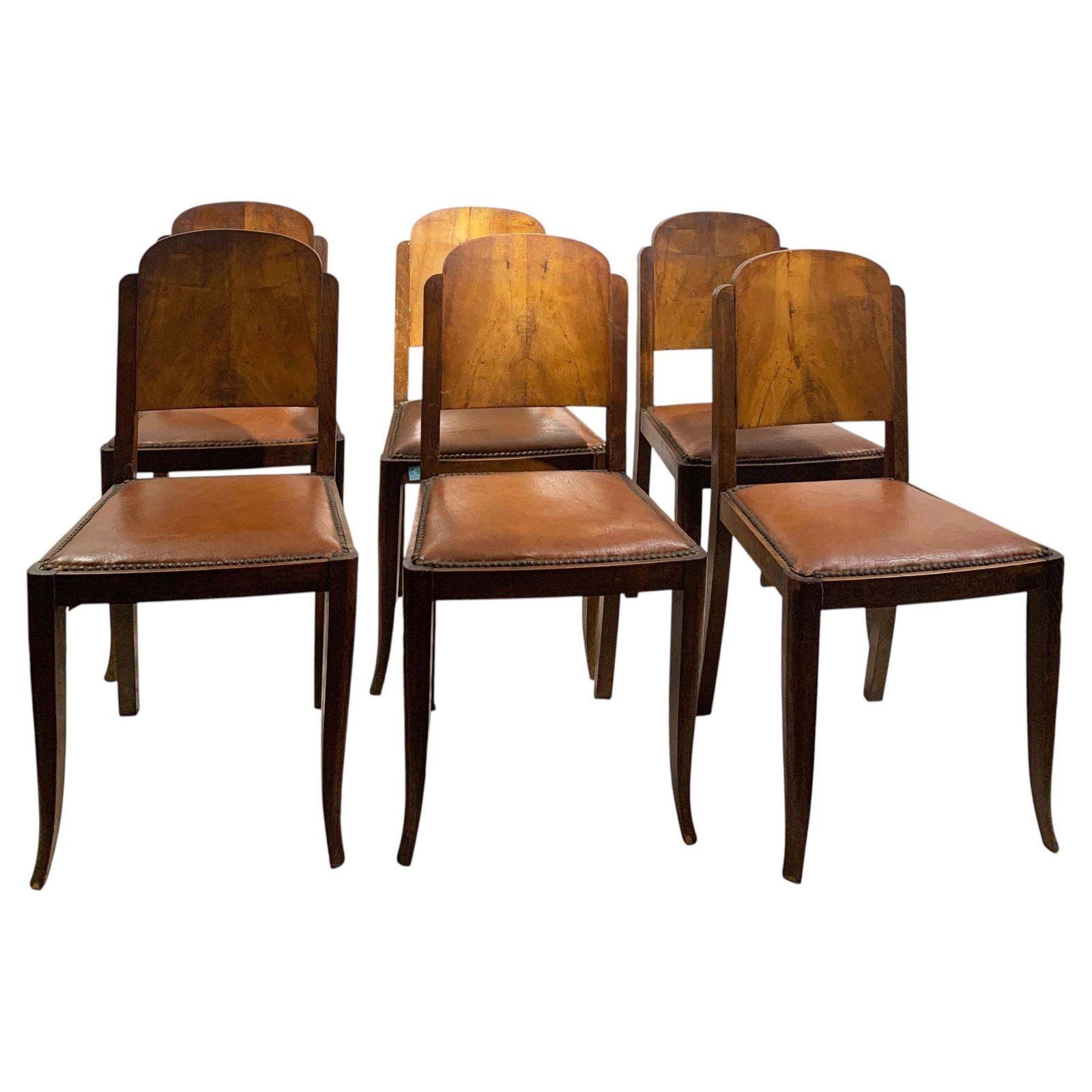 Set Of Six French Art Deco Walnut Dining Chairs With Arched Backs, France, 1930s