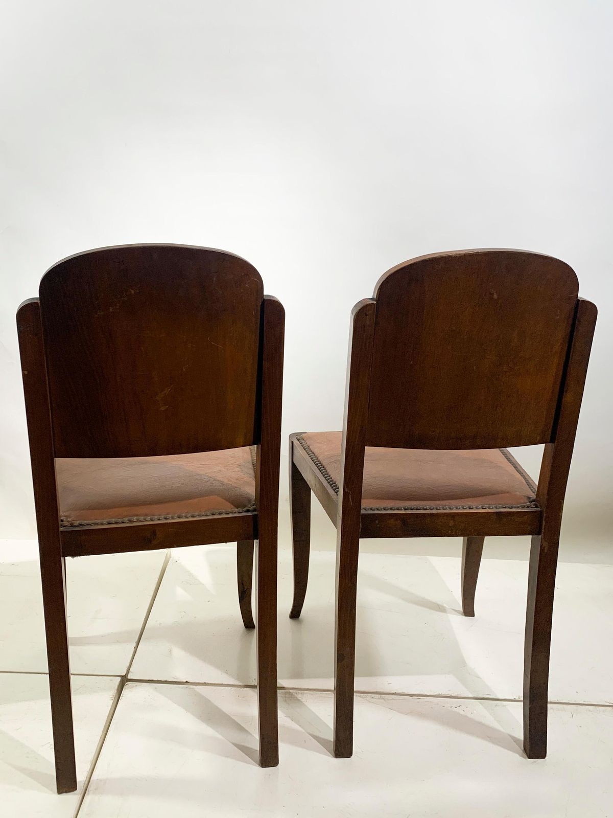 photo for sale Set Of Six French Art Deco Walnut Dining Chairs With Arched Backs, France, 1930s