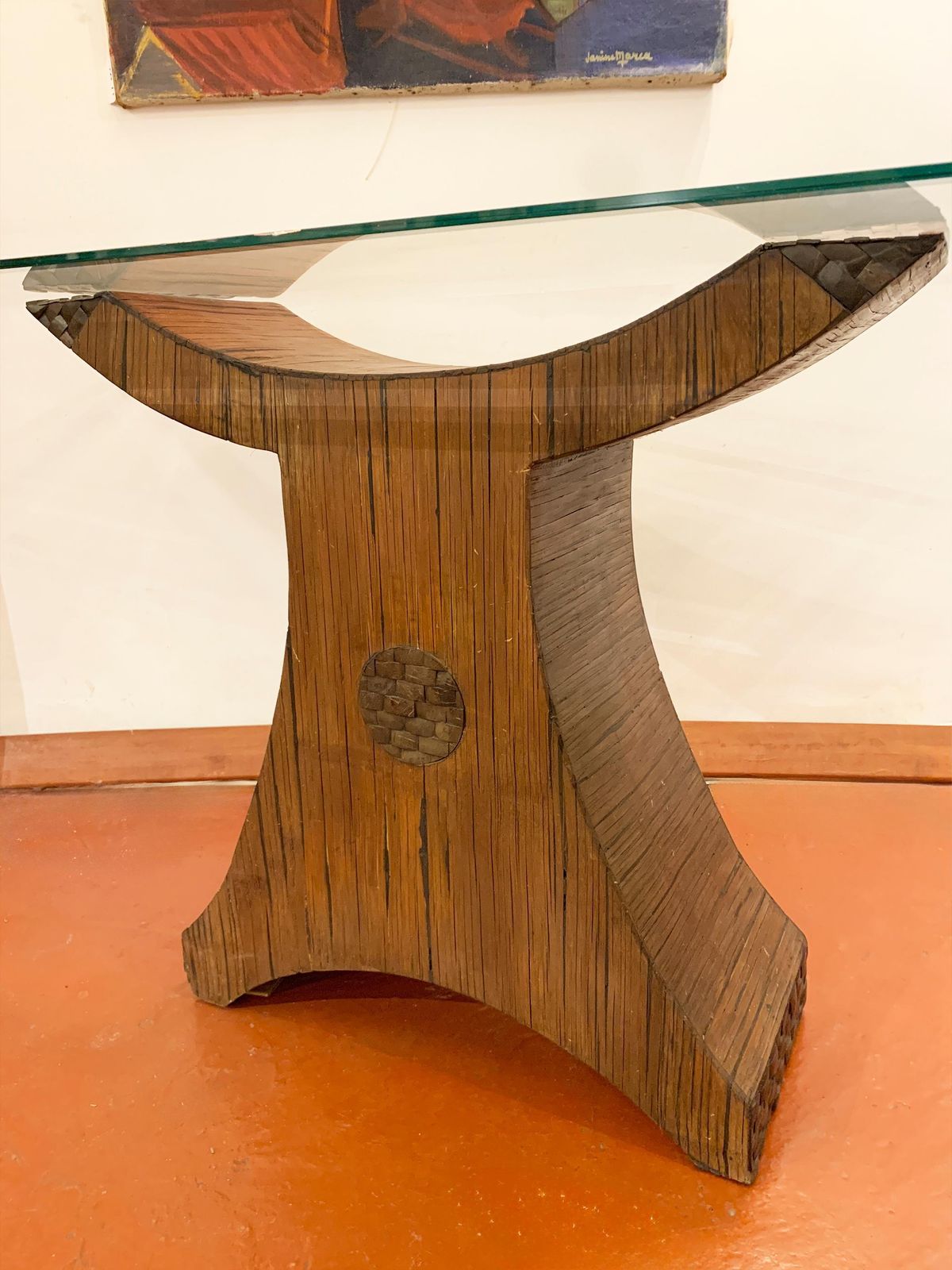 Postmodern Sculptural Pencil Reed & Glass Console Table With Wood Inlay, 1970's photo 4233.0
