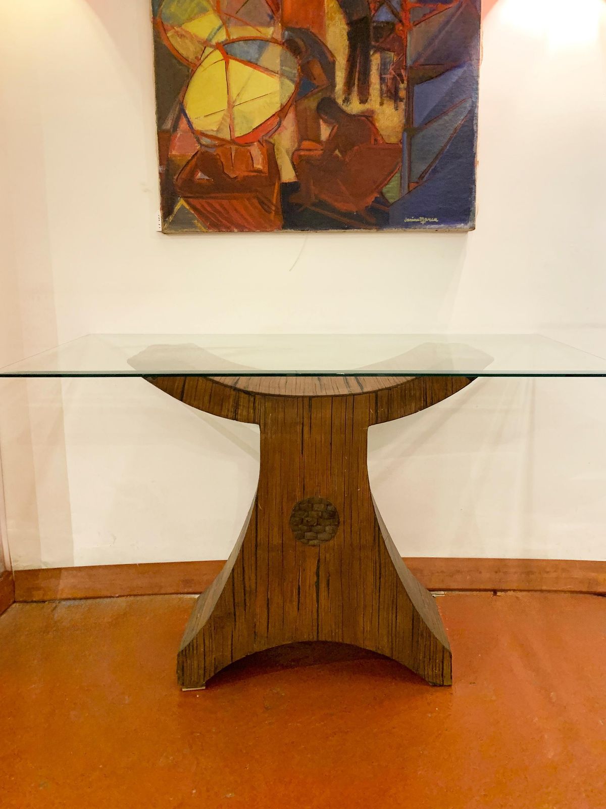 Postmodern Sculptural Pencil Reed & Glass Console Table With Wood Inlay, 1970's photo vinterior