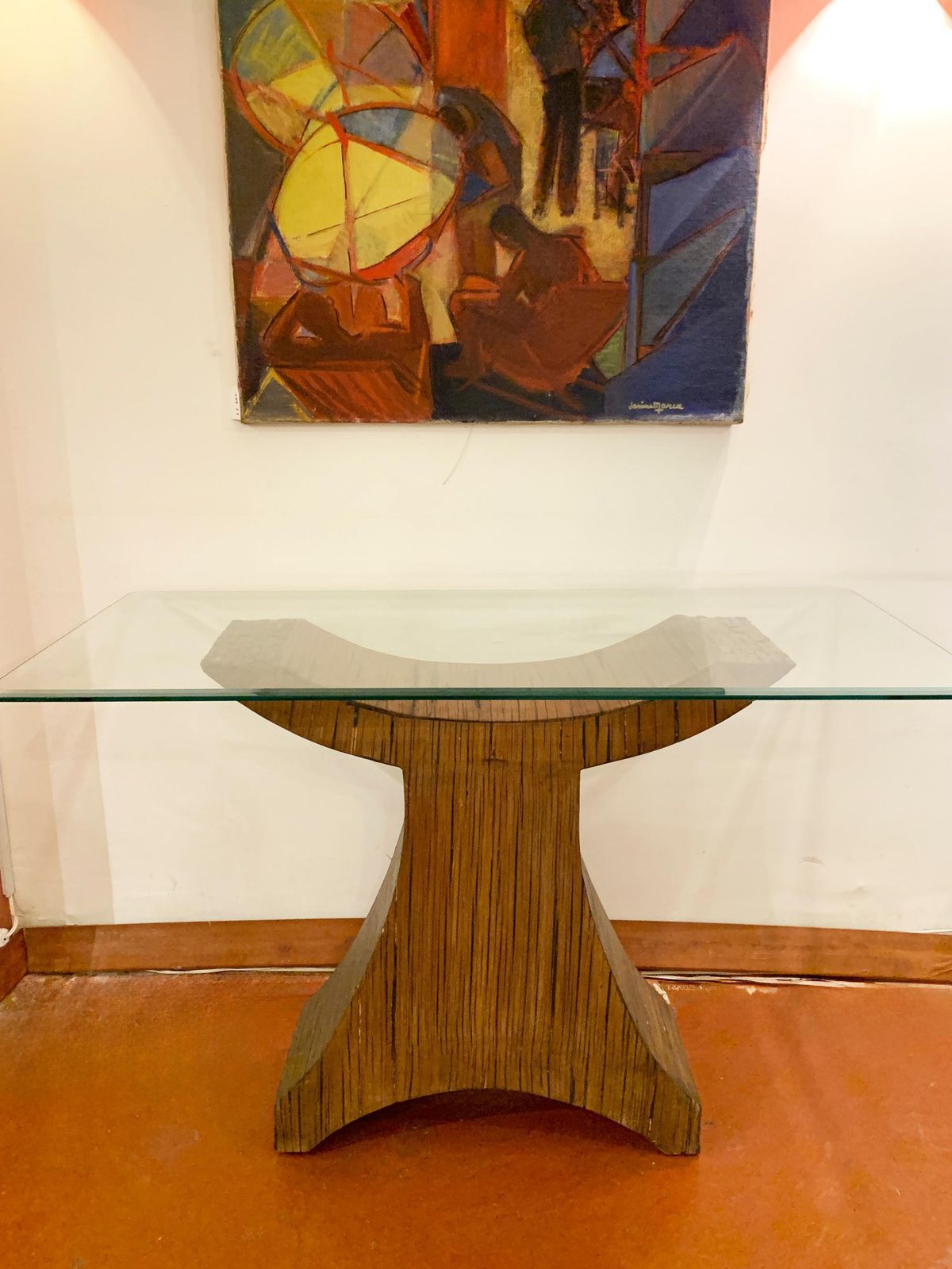 photo for sale Postmodern Sculptural Pencil Reed & Glass Console Table With Wood Inlay, 1970's