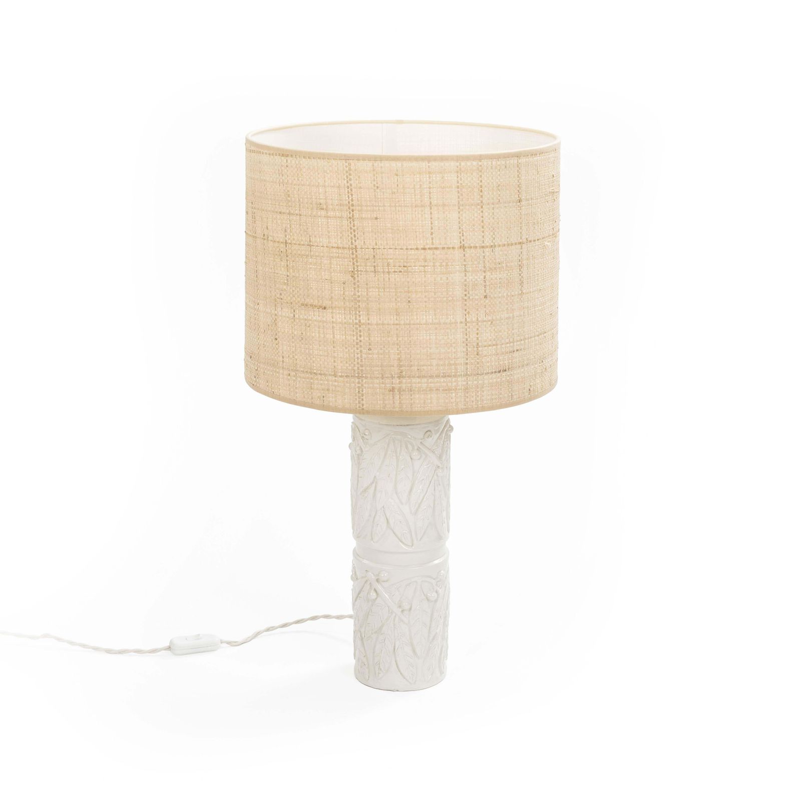 Mid Century Italian Glazed Ceramic Table Lamp With Beige Raffia Shade, 1960s photo for sale