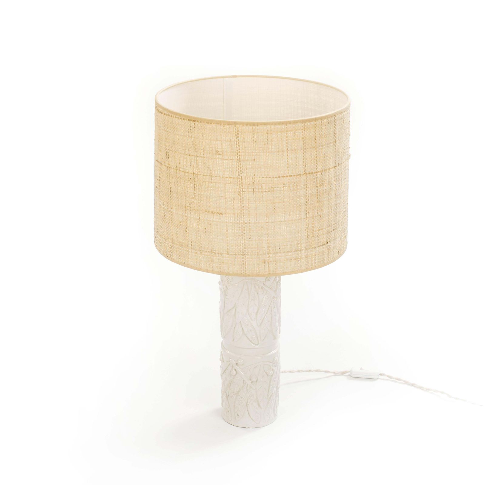 Mid Century Italian Glazed Ceramic Table Lamp With Beige Raffia Shade, 1960s photo Lighting
