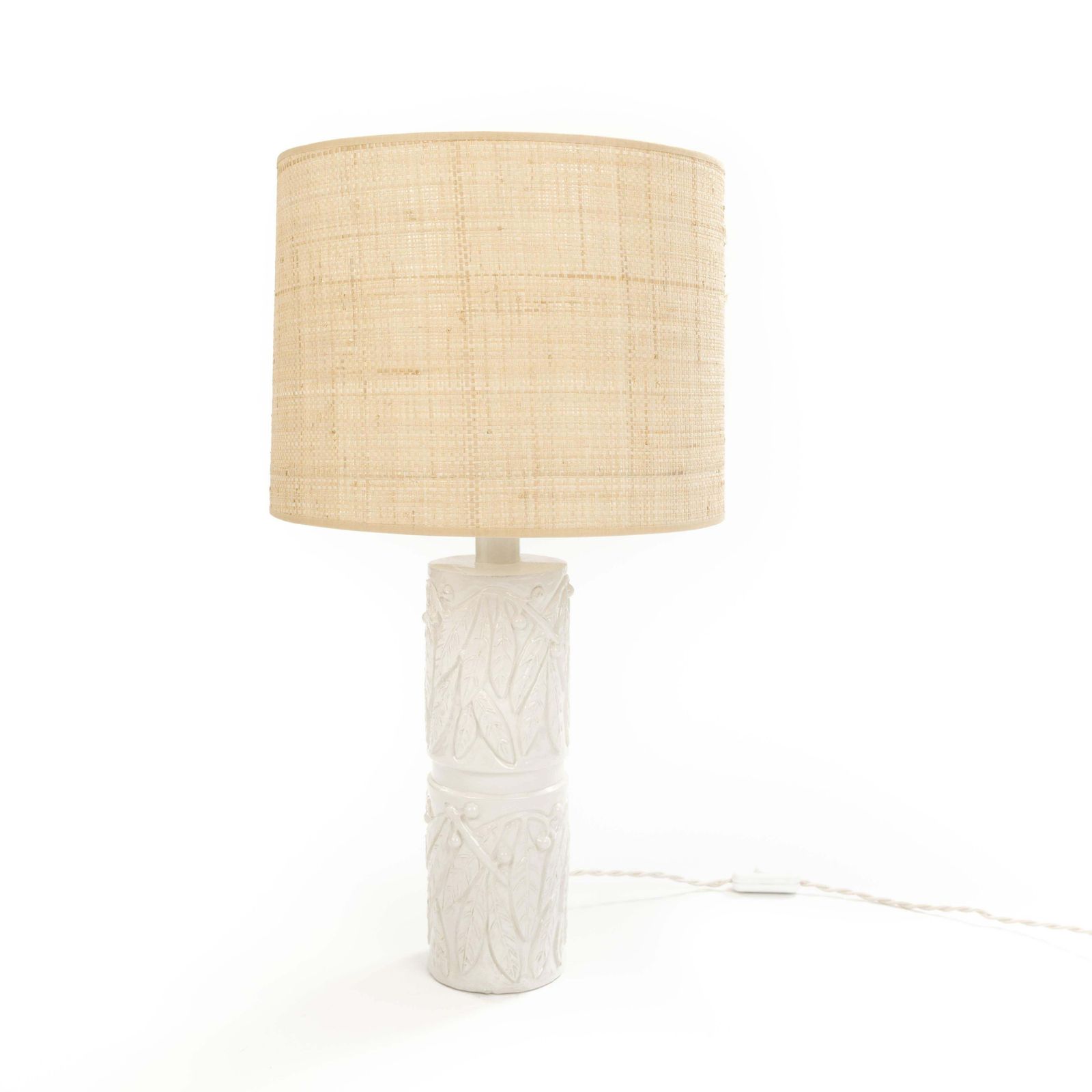 photo vinterior Mid Century Italian Glazed Ceramic Table Lamp With Beige Raffia Shade, 1960s