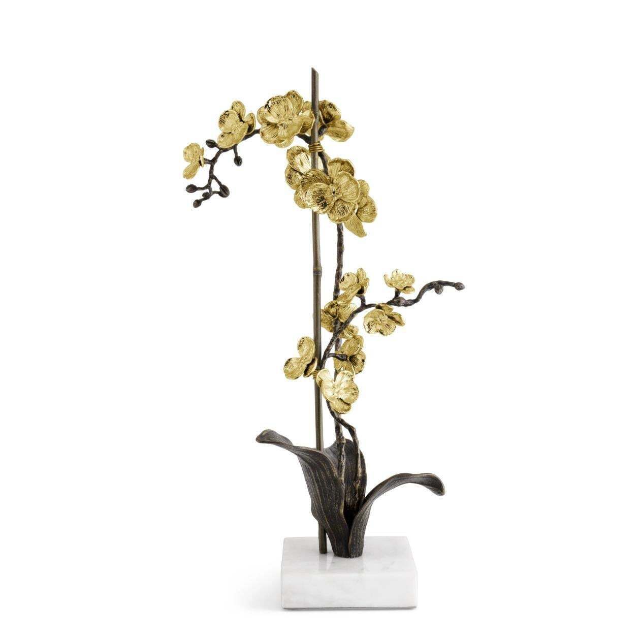 Pair Of Large Gold Metal Orchid Stem Sculptures, Contemporary Style photo furniture