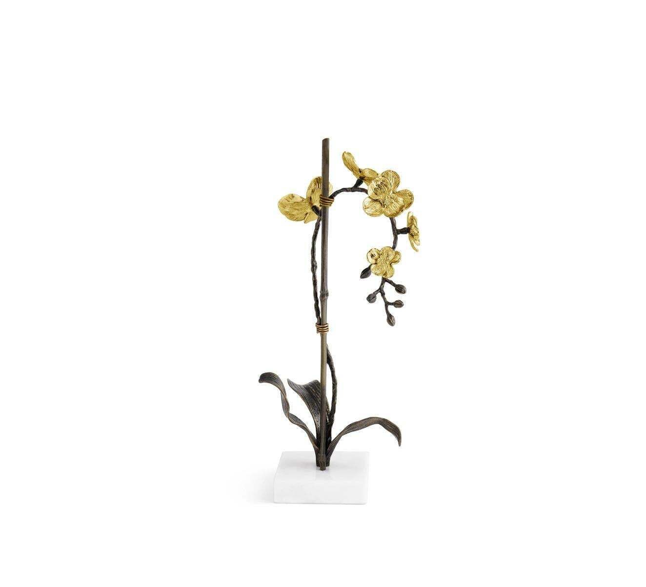 Set Of Small Orchid Sculptures In Patinated Brass With Marble Base photo 1696.0
