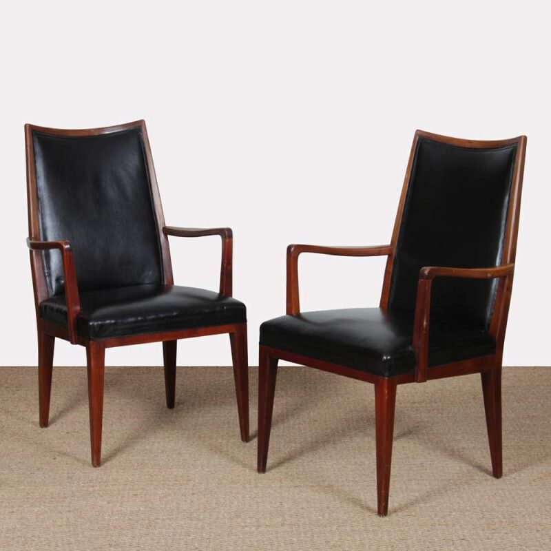 A Pair Of Vintage Wooden And Leather Armchairs From The 1950s
