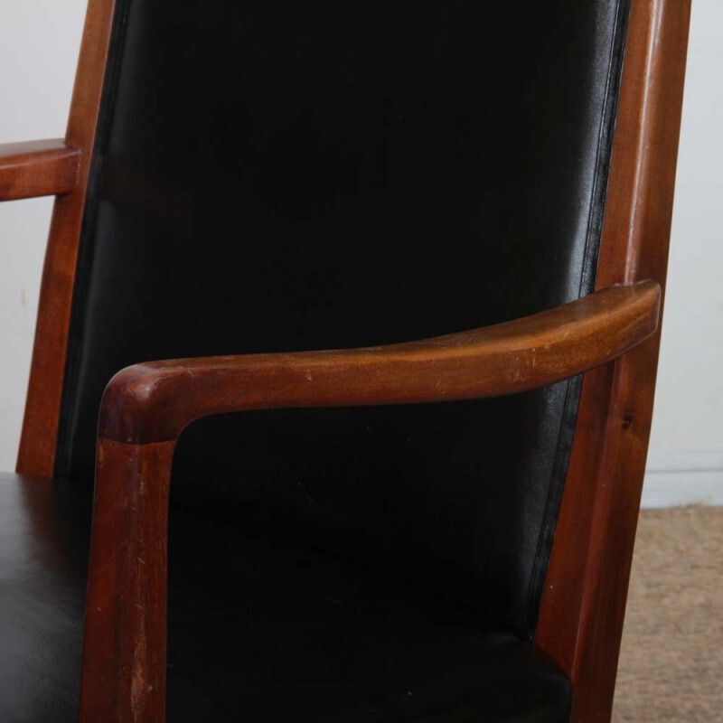 A Pair Of Vintage Wooden And Leather Armchairs From The 1950s photo for sale