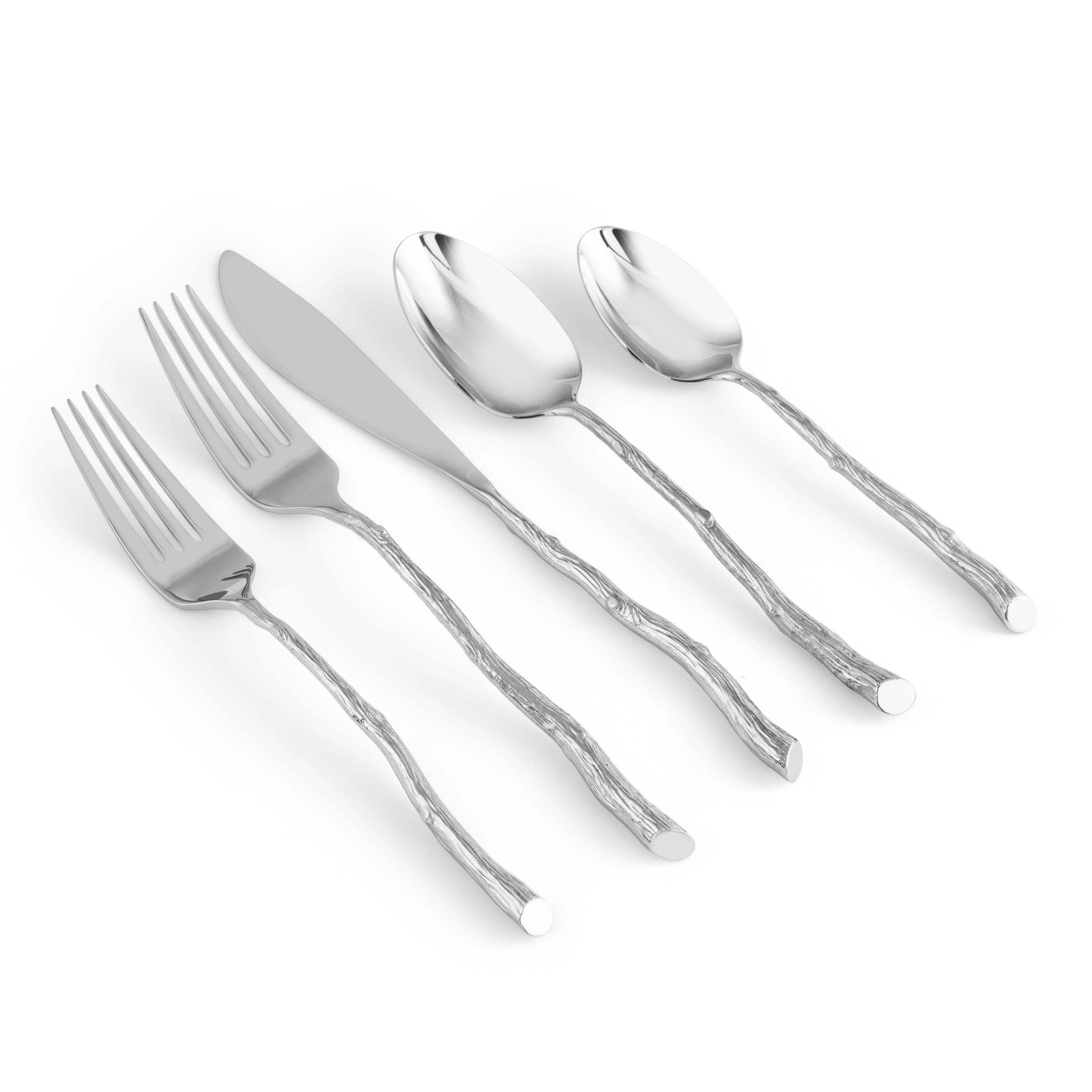Ten Set Of 5 Piece Contemporary Silver Stainless Steel Twig Flatware photo for sale