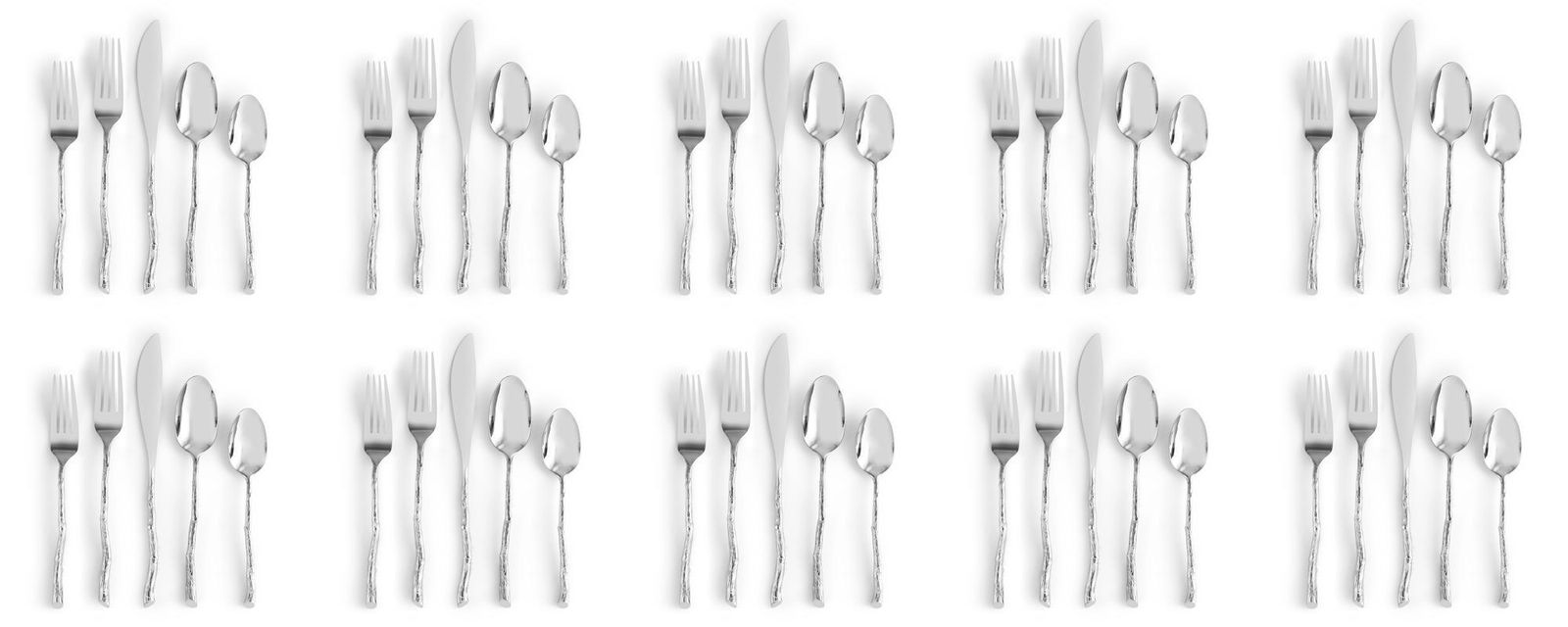 Ten Set Of 5 Piece Contemporary Silver Stainless Steel Twig Flatware photo vinterior