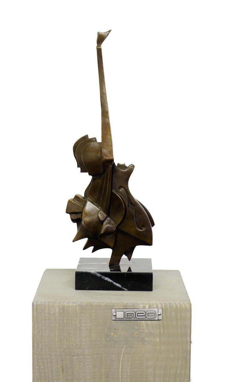 Modern Cubist Bronze Guitar Sculpture In Brown Patina photo for sale