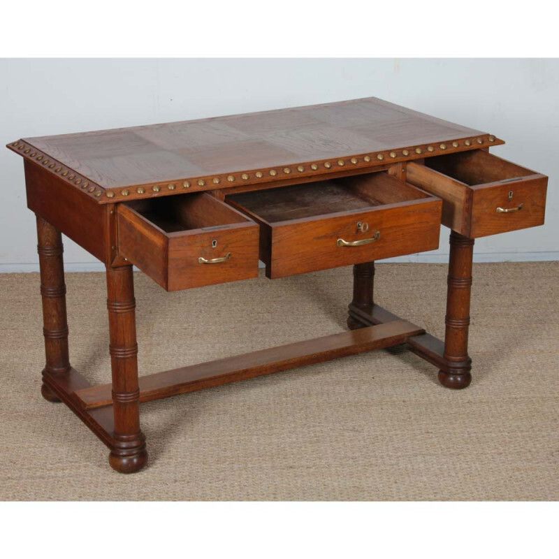 Oak And Brass Desk In The Style Of Charles Dudouyt, 1940 photo vinterior