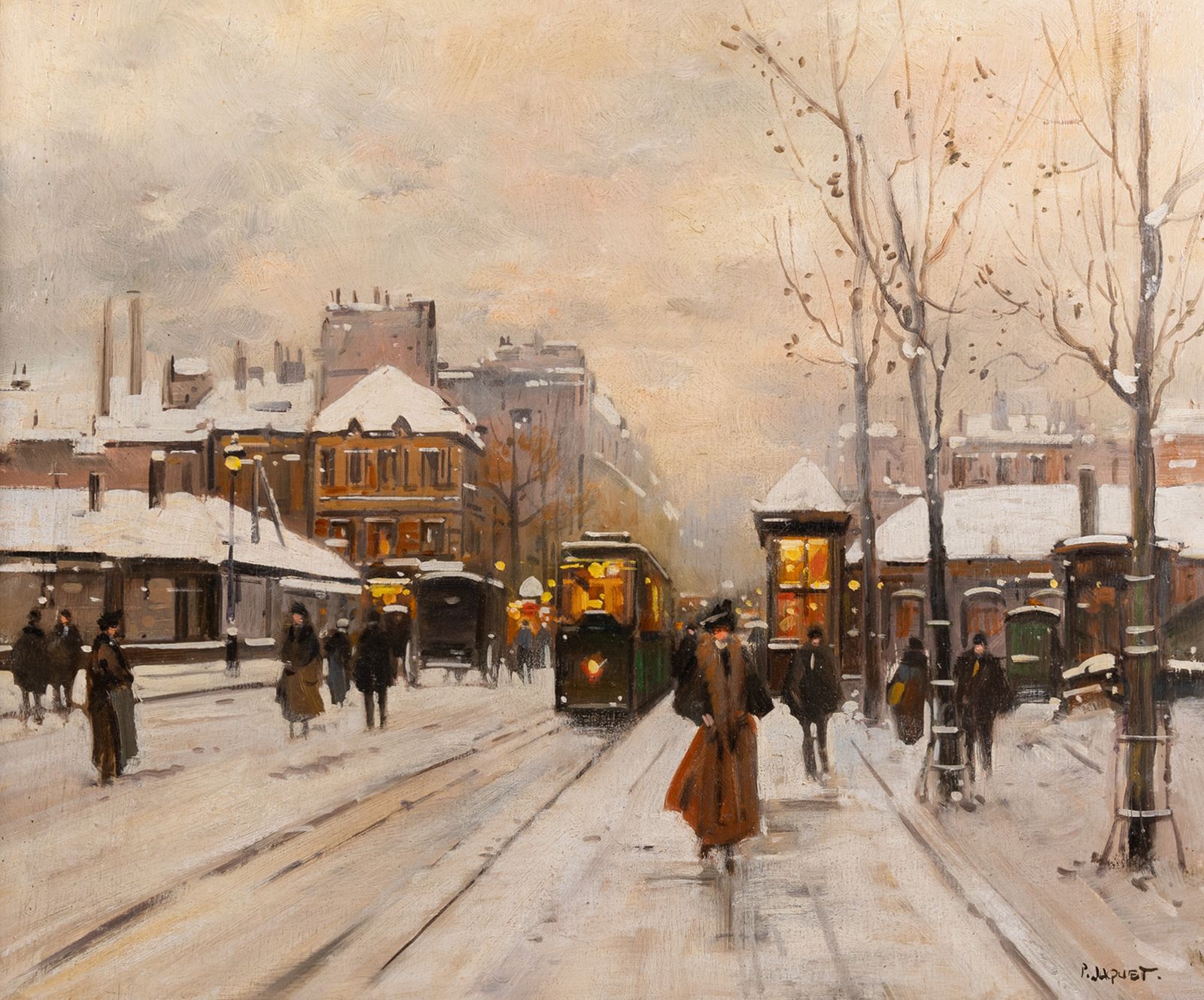 Pierre Jacquet (XXe siècle) : « Paris, Les Boulevards Sous La Neige », huile sur panneau photo 207781.0