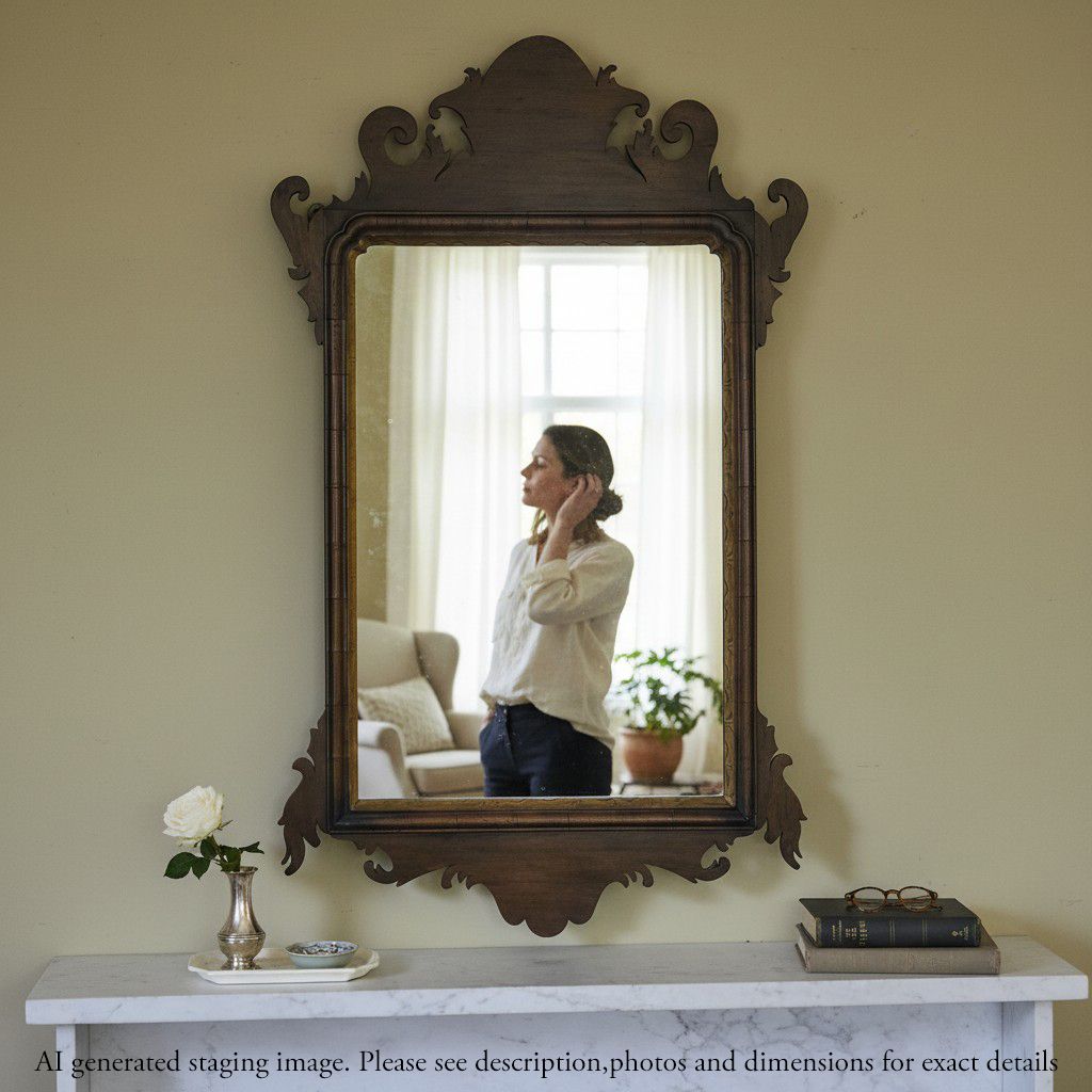 Antique C.1920 Georgian Revival Walnut And Gilt Fret Cut Overmantle/ Wall Mirror  Fine Quality photo for sale