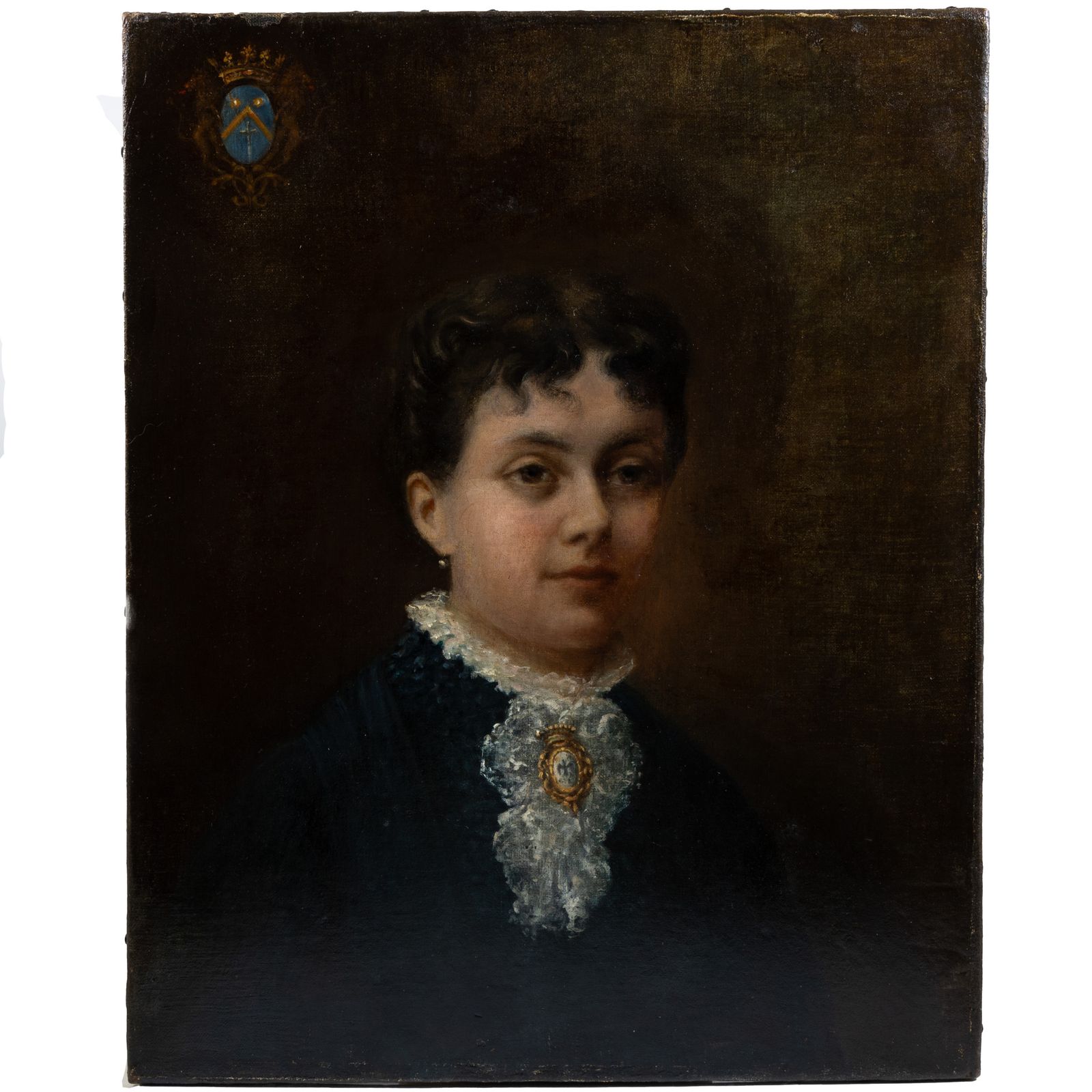 Portrait d'Alice de Retz - Peinture à l'huile française du XIXe siècle avec armoiries photo furniture
