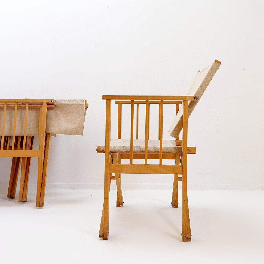 Set Of Four Mid Century Modern Folding Chairs In Oak & Canvas photo Furniture